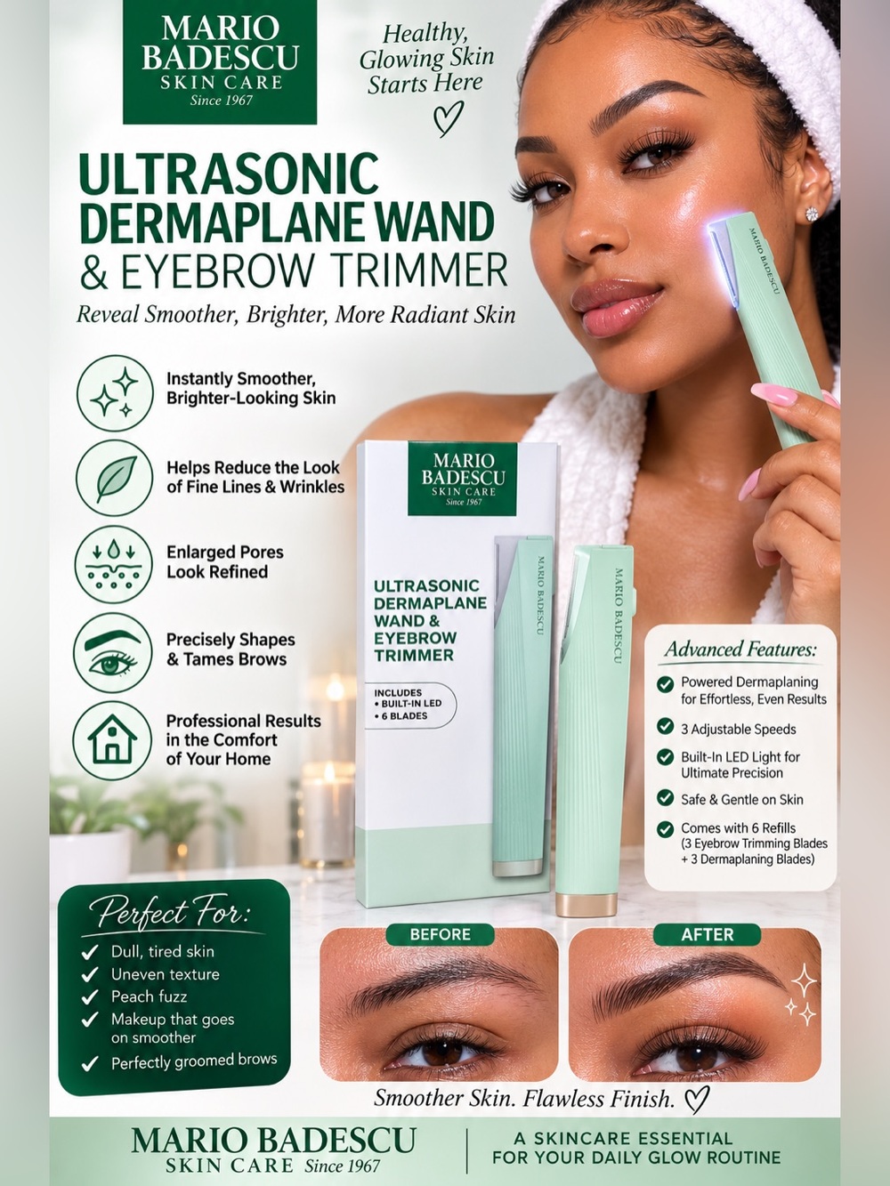 Mario Badescu Mint Ultrasonic Dermaplane Wand & Eyebrow Trimmer